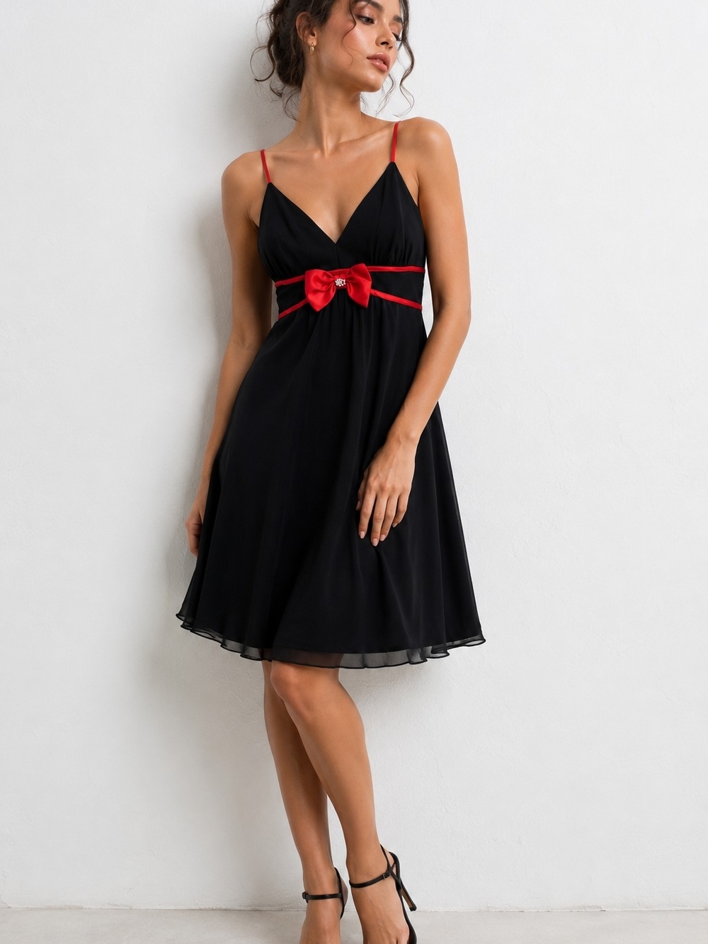 CITY TRIANGLE Black Red Bow Spaghetti Strap Knee Length Dress Women's Size M Y2K